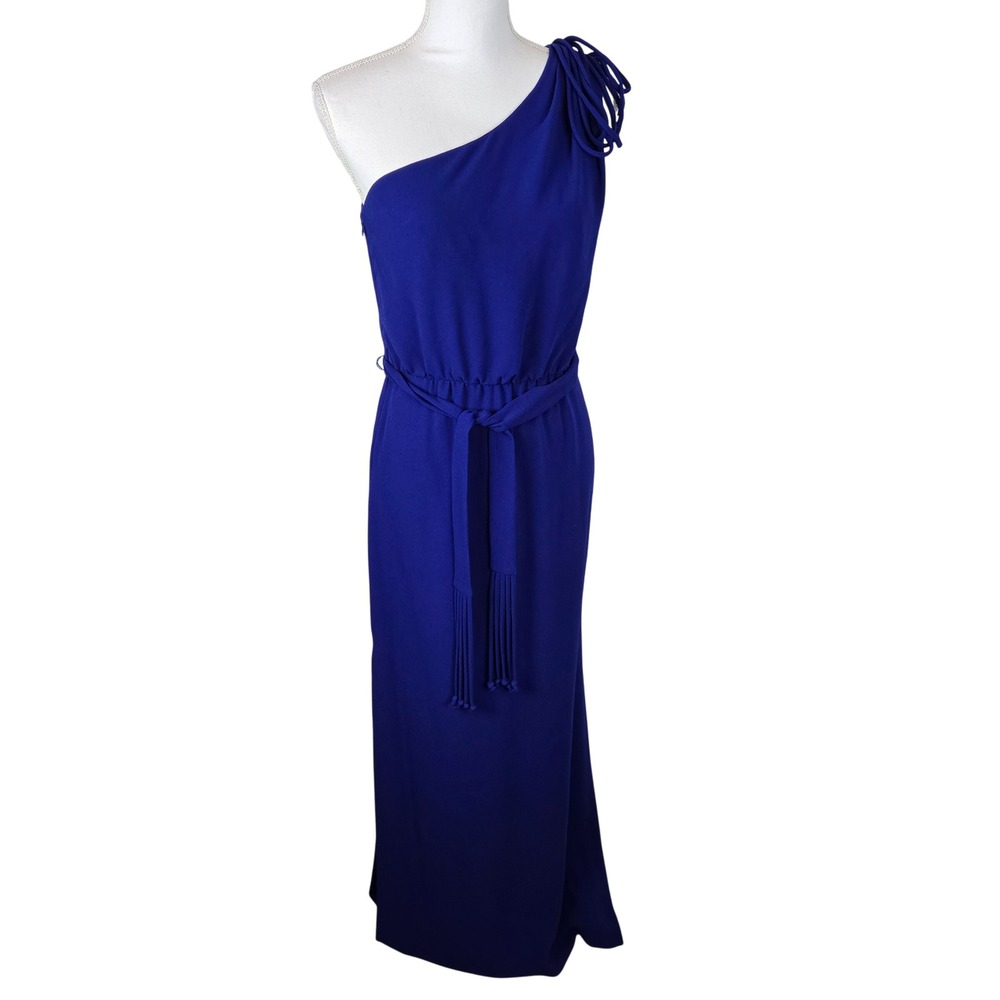 Trina Turk One Shoulder Maxi Dress Size 6 Blue Tassel Belt Evening Slit Formal